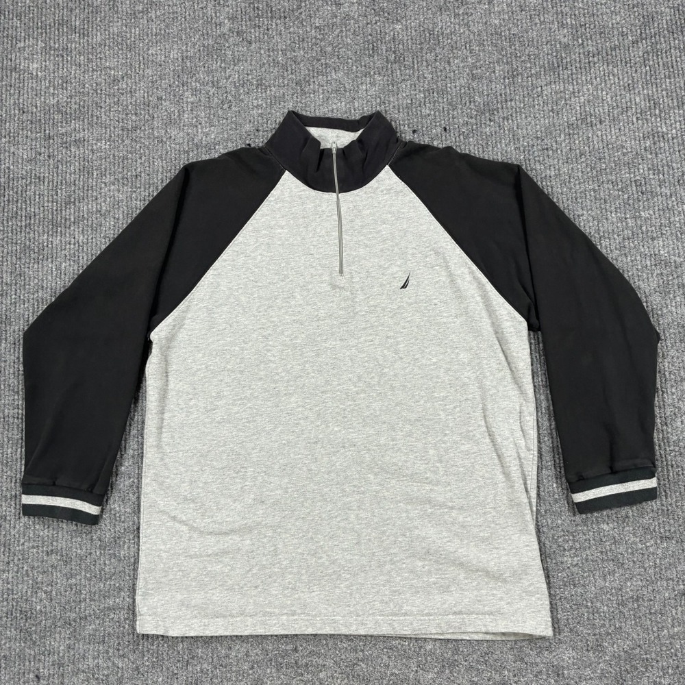 Vintage Y2K Nautica Mens Large Gray Black Raglan Quarter Zip Pullover Shirt
